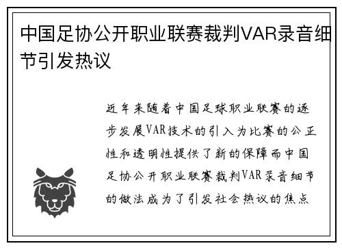中国足协公开职业联赛裁判VAR录音细节引发热议